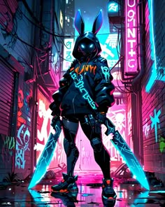 a person standing in an alley with neon lights and holding two large swords while wearing a bunny suit