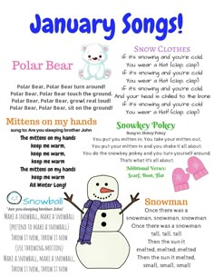 a snowman poem with the words january songs written in different languages and pictures on it