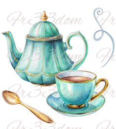 watercolor painting of teapot and cup with spoon