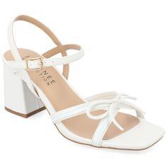 This vegan leather sandal with bows and buckles just might become your new fave.  • Open-Toe  • Sandals  • Buckle  • Padded Insole  • 2 1/2- in Block Heel  • Vegan Leather   
   All measurements are approximate and were taken using a size 6. Please note measurements may vary slightly by size. Ankle Strap Block Heel, Bow Sandals, Sandals White, Famous Footwear, Buckle Shoes, Round Toe Heels, Shoes Heels Pumps, Journee Collection, Open Toe Sandals