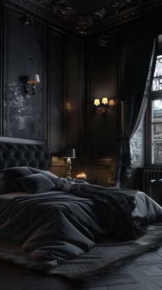 a large bed in a dark room with black walls