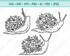 three snails with flowers on their backs and the words svg - dxf eps