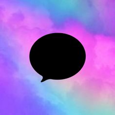 a black speech bubble in front of a multicolored sky with clouds and stars