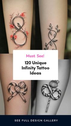 four different tattoos on legs with the words must see and unique infinitity tattoo ideas