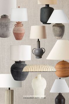 many different vases and lamps are shown with the same shade on each lamp fixture