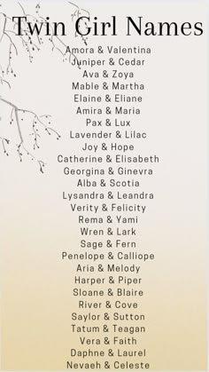 the twin girl names are shown in black and white, with an orange sky background