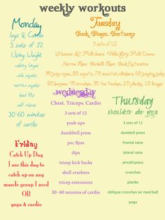 a poster with the words, weekly workouts and other things to do on it