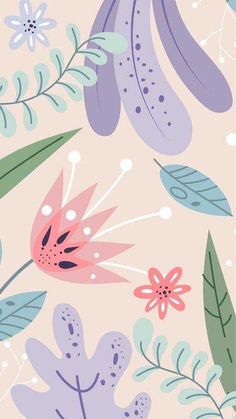 an abstract floral pattern with leaves and flowers in pastel colors on a light pink background