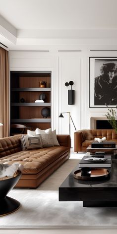 a living room filled with furniture and a painting on the wall above it's fireplace