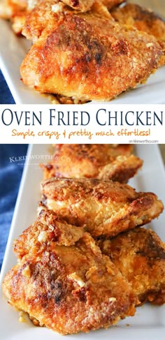 oven fried chicken on a white plate with the words oven fried chicken in front of it