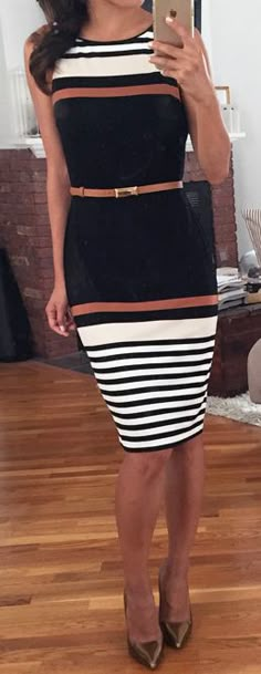 Love this dress. I have no bust so I love how high it comes up and the busy stripes Law Career, Extra Petite Blog, Look Office, Extra Petite, Blush Cream, Maine Travel, Professional Wear, Professional Attire, Business Outfit