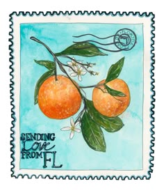 a stamp with two oranges on it, and the words sending love from l