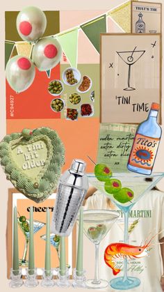 a collage of various items including cocktails and martini glasses