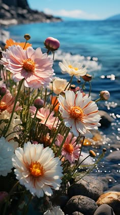 the flowers are blooming on the rocks by the water's edge, and they look like they could be floating in the ocean