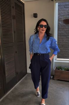 Blue Professional Outfits Women, Blue Shirt Outfit Work, Navy Office Outfit, Blue Office Pants Outfit, Blue Shirt Office Outfit, Navy Blue Trousers Outfit Women Classy, Navy Blue Business Outfit Women, Blue Business Casual Outfits, Navy Blue Outfits For Women