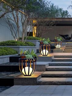 three planters with plants in them sitting on the steps to an office building at night