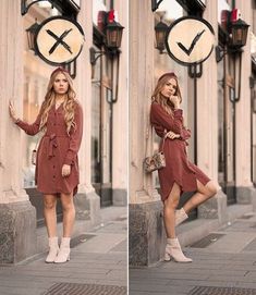 two pictures of a woman standing in front of a clock on the side of a building