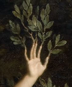 a painting of a person's hand reaching for leaves