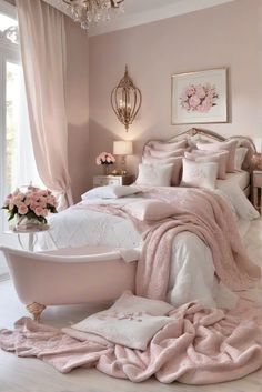 a bedroom with pink and white bedding, chandelier and bathtub in the corner