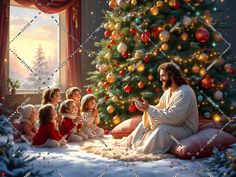 jesus sitting in front of a christmas tree surrounded by children