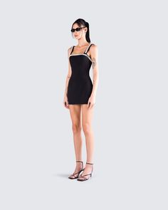 Show them how it's really done in this black mini dress 😌 Crafted from Ponte fabric, complete with a bodycon fit, pearl trim, and center back invisible zipper - no one will be able to compete with you 🖤 Black Mini Dress With Pearls, Mini Dress With Pearls, Black Pearl Dress, White Corset Dress, Dress With Pearls, Yellow Mini Dress, Chain Dress, Black Off Shoulder, Ponte Fabric