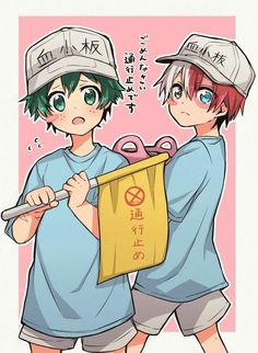 two anime boys with baseball caps holding a bag