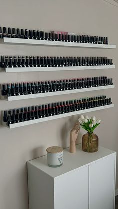 Nail Tech Space Ideas, Nail Tech Suite Decor, Gel Polish Display Ideas, Nail Polish Rack Wall, Tiny Nail Salon Ideas, Nail Studio Decor Aesthetic, Nail Artist Studio, Nail Shelf Ideas, Nail Tech Photography