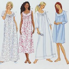 three women's nightgowns, one in blue and the other in white