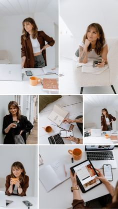 a woman sitting at a desk with her laptop and cell phone