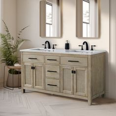 two mirrors are above the double sink vanity in this bathroom with white tile flooring