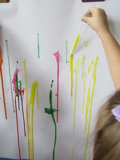 Drip Drop Painting at the Easel by Teach Preschool Painting With Pipettes, Preschool Easel Activities, Easel Painting Ideas, Gravity Painting, Drop Painting, Easel Ideas, Preschool Painting, Open Ended Art, Teach Preschool