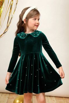 Beaded Party Dress, Shein Kids, Velvet Party Dress, Girls Dress Shop, Christmas Dresses, Peter Pan Collar Dress, Twirl Dress, Flounce Sleeve, Christmas 2024