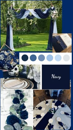 blue and white wedding color scheme with flowers, napkins, tablecloths and place settings