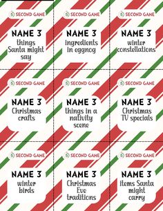 six christmas name tags with red, green and white stripes on the bottom one is for names