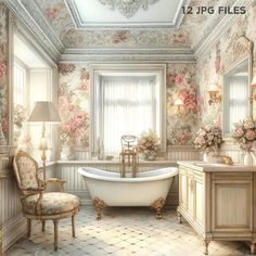 the bathroom is decorated with floral wallpaper and antique furniture, including a claw foot bathtub