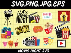 movie night svg clipart set for silhouettes, photoshopped and cut files