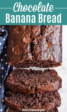 chocolate banana bread is cut into slices and sitting on top of a blue polka dot napkin