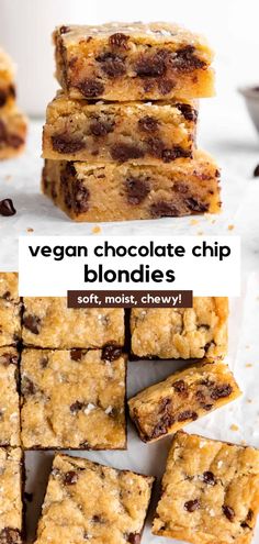 vegan chocolate chip blondies stacked on top of each other with text overlay