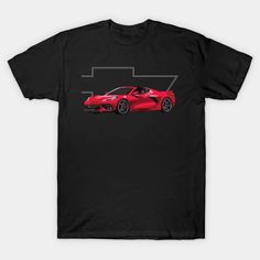 a black t - shirt with a red sports car on the front and back side