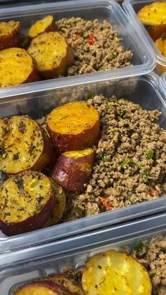 three plastic containers filled with different types of food