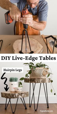 a man is working on some wood with an electric drill and two tables that are holding plants