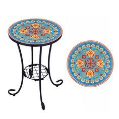 two tables with colorful designs on them sitting next to each other in front of a white background