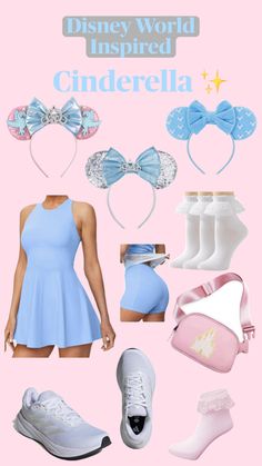 the disney world inspired cinderella costume is shown in pink and blue, including shoes, headband