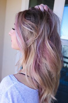 Pink Highlights In Dirty Blonde Hair, Pink Chunky Highlights In Blonde Hair, Chunky Pink Highlights In Blonde Hair, Pink And Purple Color Melt Hair, Blonde Pink Purple Ombre Hair, Purple Blonde Hair, Messy Hairstyles, Dyed Hair