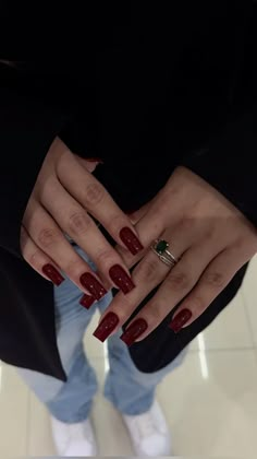 Birthday Nail Square, Short Coffin Acrylic Nails Designs Winter Simple, Deep Red Square Acrylic Nails, Autumn Nails Red Wine, Square January Nails, Red Christmas Nails Coffin Shape, Dark Red Nails Ballerina, Coffin Dark Red Nails, Full Red Nails