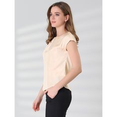 This blouse offers perfect office wear for warm weather. Cut to a fitted shape with the cap-sleeve design, just providing elegant details for the blouse. This blouse would be equally styled well with A-line skirts or skinny jeans with high heels. Designed in a fluid, flowing silky fabric that drapes beautifully around the body. Cap sleeves add some flare to your everyday look. Elegant Short Sleeve Tops For Office Wear, Casual Beige Office Top, Formal Short Sleeve Tops For Office, Elegant Plain Shirt For Work, Casual Plain Office Blouse, Summer Workwear Plain Blouse, Sleeveless Blouse For Work, Solid Color Sleeveless Blouse For Work, Elegant Plain Tops For Formal Occasions