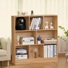 a living room with a book shelf filled with books