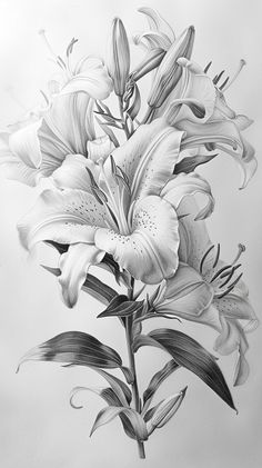 a pencil drawing of lilies on a white background with leaves and stems in the foreground