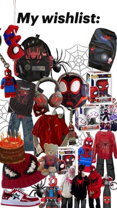 a collage of spiderman costumes and other items with the words, my wishlist