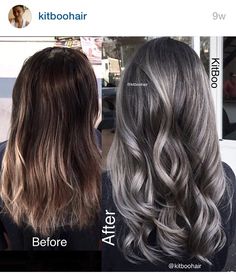 Gunmetal grey hair                                                                                                                                                      More Brown Hair With Silver Highlights, Grey Balayage, Ombre Hair Color, Gray Hair, Brown Hair Colors